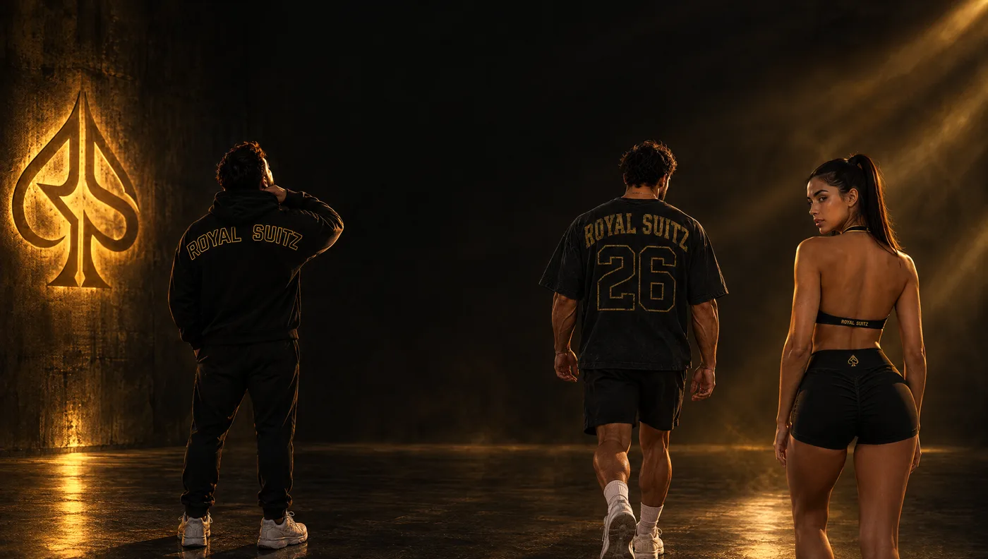 Three athletes in Royal Suitz gear under gold light, a glowing spade on the wall